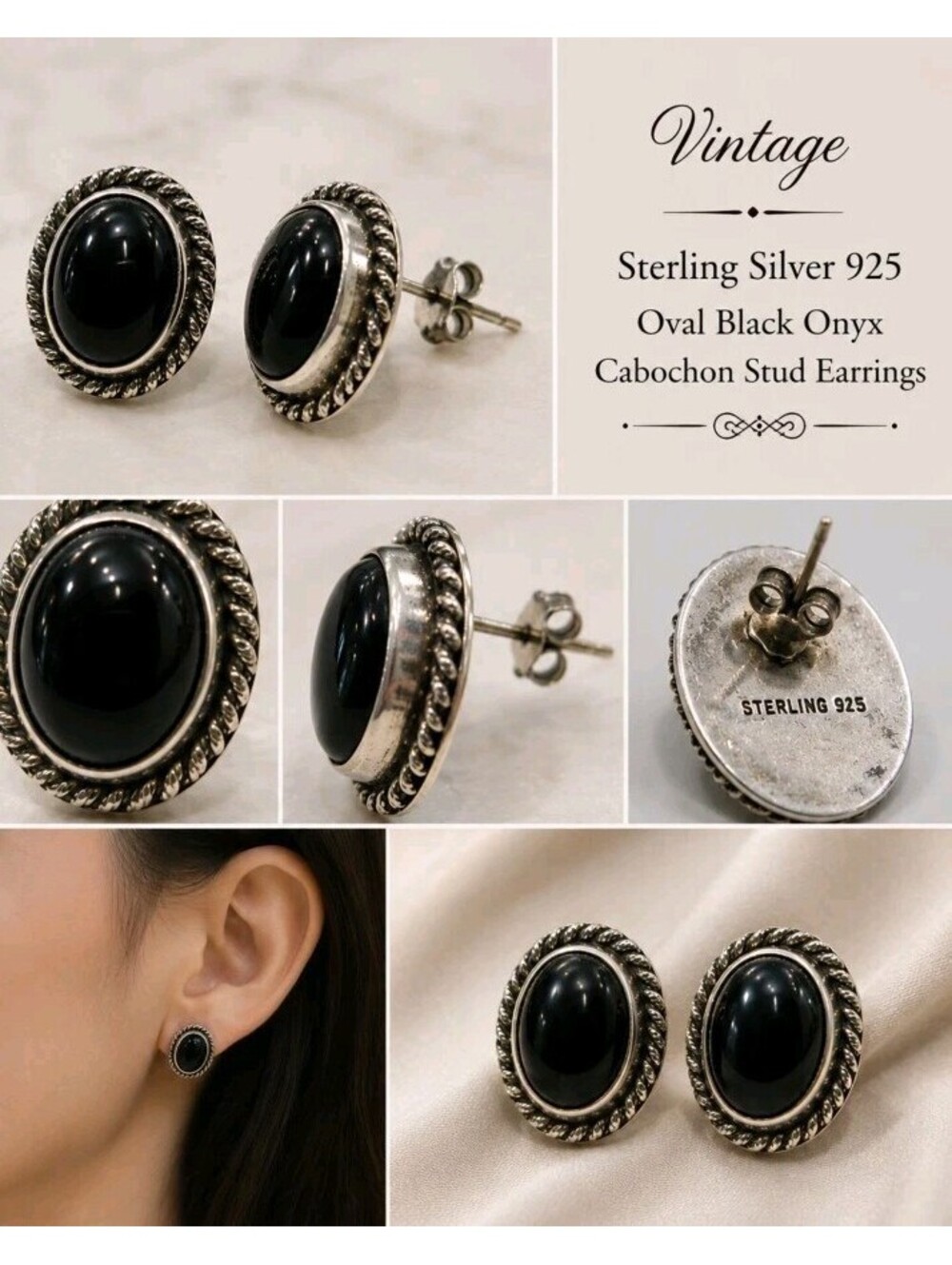 Vintage Sterling Silver 925 Black Onyx Cabochon Statement Stud Earrings Mexico
